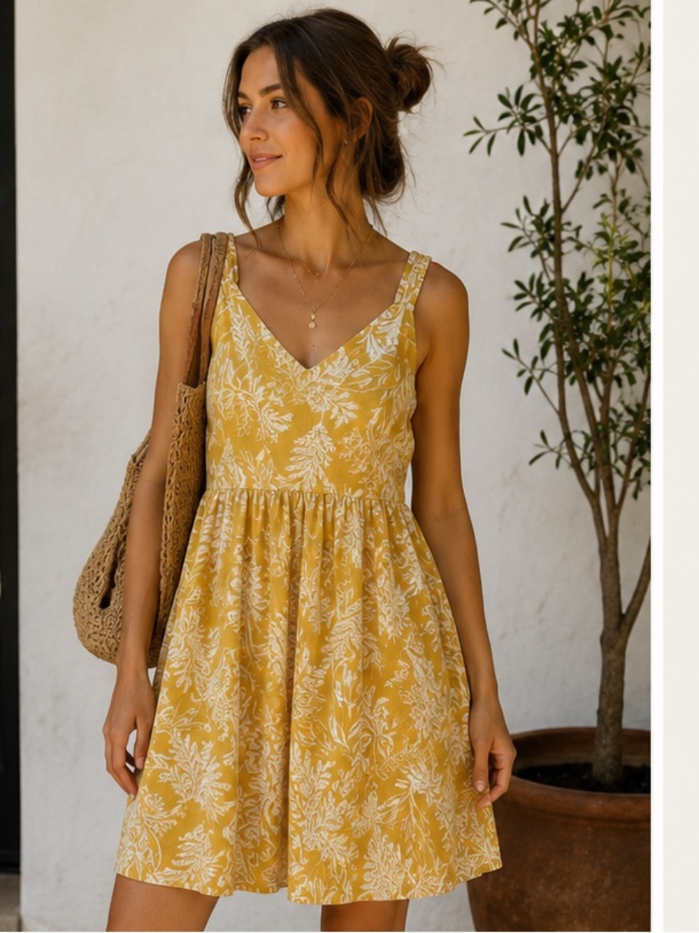 💛🤍 TAHARI mustard-yellow botanical sundress: Linen